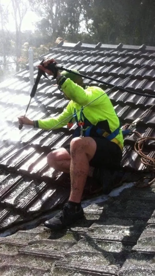 Team Gutter Goblins Newcastle pressure washing a tiled roof